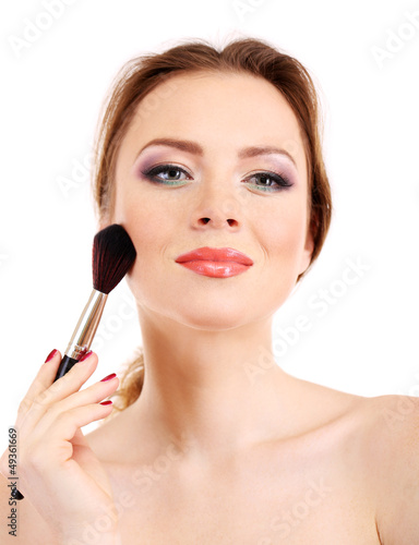 Photo: portrait of beautiful woman with make-up brush for powder, portrait of beautiful woman with make-up brush for powder,