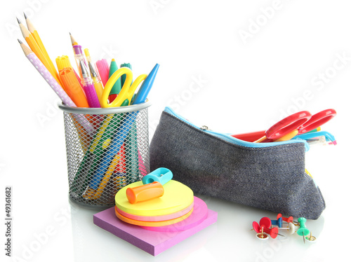 Photo: pencil box with school equipment isolated on white pencil box with school equipment isolated on white