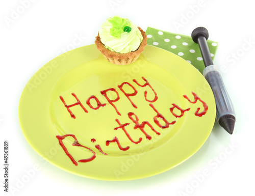 Photo: Tasty cake and jam inscription isolated on white Tasty cake and jam inscription isolated on white