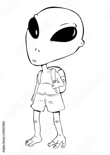 Vector: Outline illustration of an alien with a backpack Outline illustration of an alien with a backpack