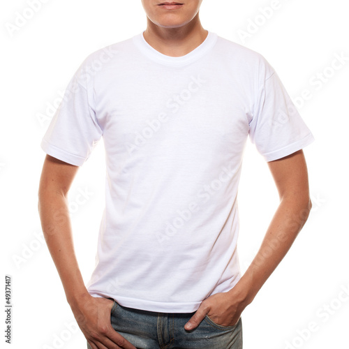 Photo: White t-shirt on a young man template isolated on white backgrou White t-shirt on a young man template isolated on white backgrou