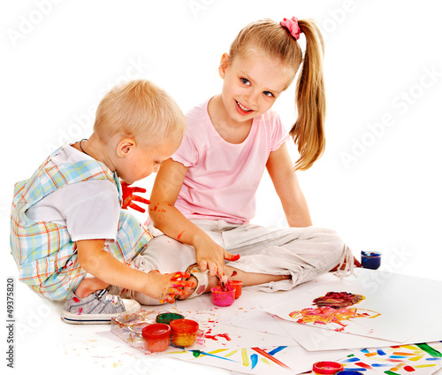 Photo: Child painting by finger paint. Child painting by finger paint.