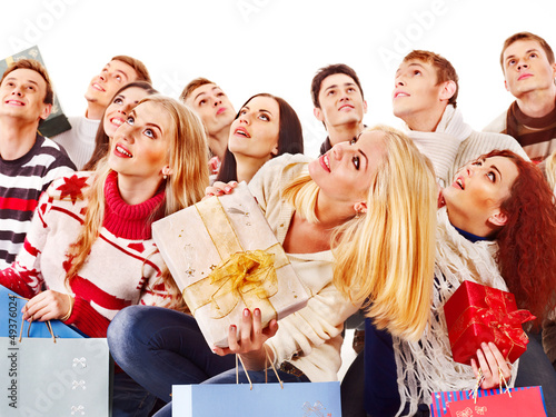Photo: Group people holding gift box. Group people holding gift box.