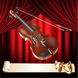 Classical violin on a red velvet curtain background
