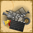 Vector: Vintage card with a set of objects for cinematography with eleme Vintage card with a set of objects for cinematography with eleme