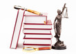 law book, money , magnifying glass and lady of justice