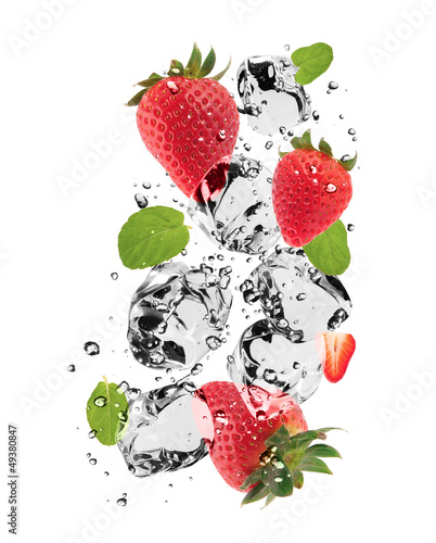 Photo: Strawberries with ice cubes, isolated on white background Strawberries with ice cubes, isolated on white background