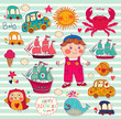 Vector set of cartoon stickers: boy and toys