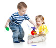 children boy and girl play with educational toy over white backg