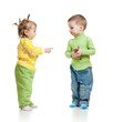 children boy and girl eating ice cream in studio isolated