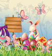 The bunny and the butterflies in the garden with Easter eggs