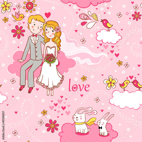 Vector: Cartoon romantic seamless pattern. Wedding invitation. Cartoon romantic seamless pattern. Wedding invitation.