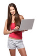 brunette teenager with laptop on white background
