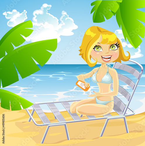 Vector: Girl on a beach on a sun lounger using sunscreen Girl on a beach on a sun lounger using sunscreen
