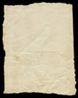 Old vintage torn creased paper isolated on black.