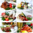 Collage from photographs of hot meat and fish dishes