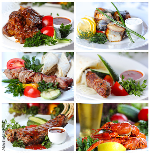 Photo: Collage from photographs of hot meat and fish dishes Collage from photographs of hot meat and fish dishes