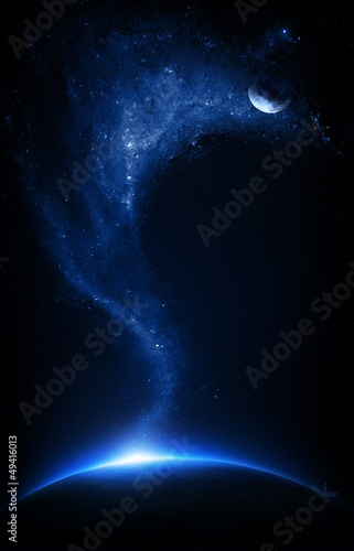 Photo: Earth and moon interconnected with starfield Earth and moon interconnected with starfield