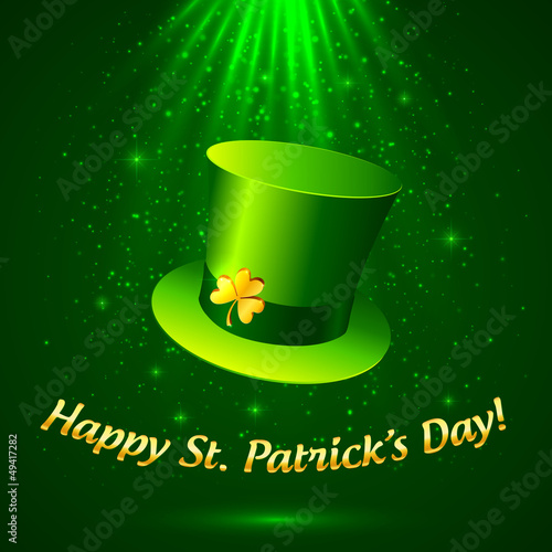Vector: Leprechaun hat with golden clover in magic light Leprechaun hat with golden clover in magic light