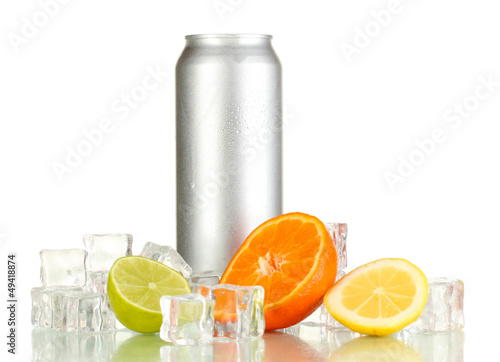 Photo: Beer in bank in ice isolated on white Beer in bank in ice isolated on white