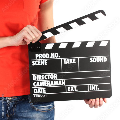 Photo: Movie production clapper board in hands isolated on white Movie production clapper board in hands isolated on white