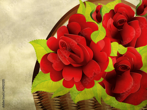 Illustration: Grunge red roses in basket Grunge red roses in basket