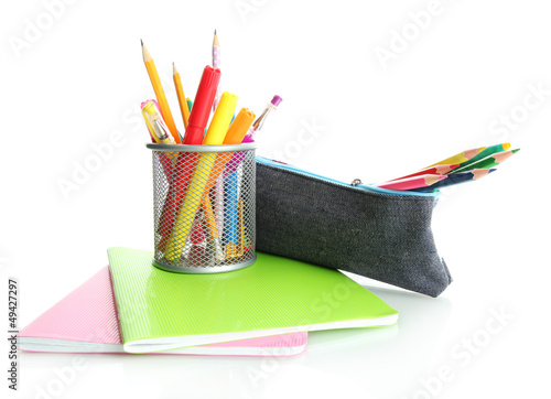 Photo: pencil box with school equipment isolated on white pencil box with school equipment isolated on white