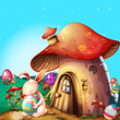 Easter eggs hidden near a mushroom-designed house