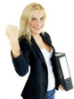 Business woman is happy to get a job shows thumb up