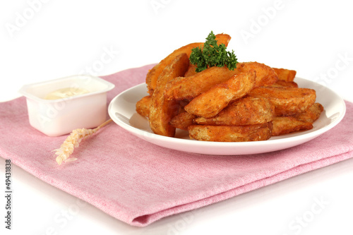 Photo: Appetizing village potatoes on plate isolated on white Appetizing village potatoes on plate isolated on white