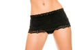 Part of a woman with black lingerie in front of white background