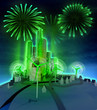 green ecology celebration and modern windmill powered city