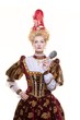 Haughty queen in royal dress isolated on white