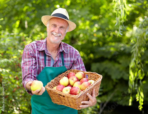 Photo: Gardener with straw hat presenting apple Gardener with straw hat presenting apple