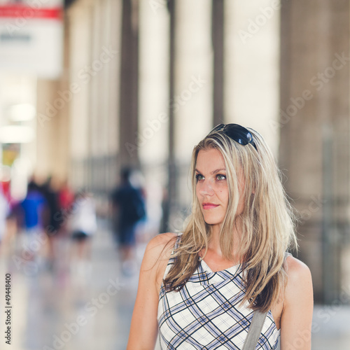 Photo: Beautiful Girl Is Waiting at the Railway Terminal Beautiful Girl Is Waiting at the Railway Terminal