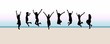 8 jumping silhouettes in front of morning beach background