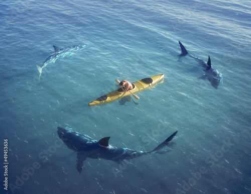 Illustration: Man on a boat in the middle of the ocean surrounded by sharks. Man on a boat in the middle of the ocean surrounded by sharks.