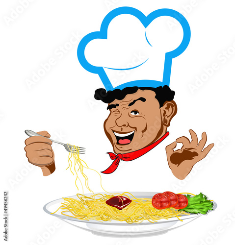 Vector: Happy joyful Chef and traditional Italian spaghetti. Vector Happy joyful Chef and traditional Italian spaghetti. Vector