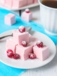 Homemade cranberries marshmallow on blue napkin. Selective focus