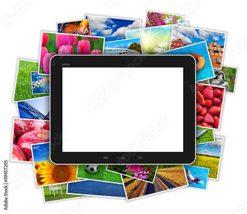 Illustration: Blank tablet computer on heap of colorful photos Blank tablet computer on heap of colorful photos