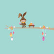 Bunny Tree Pulling Handcart Easter Eggs Retro