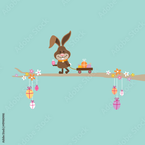 Vector: Bunny Tree Pulling Handcart Easter Eggs Retro Bunny Tree Pulling Handcart Easter Eggs Retro