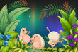 Three wild animals playing in the garden