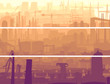 Abstract horizontal banner industrial part of city in the mornin
