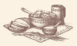 Vector still life. Slavic food: cabbage rolls, bread, leeks and