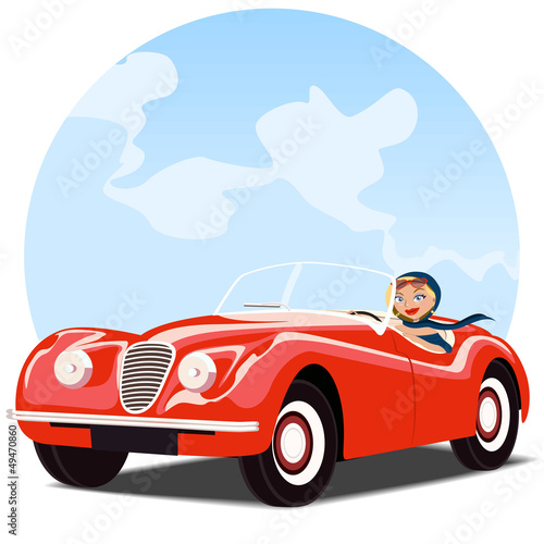Vector: Chica en coche descapotable rojo antiguo Chica en coche descapotable rojo antiguo