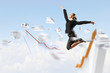 businesswoman in black suit jumping