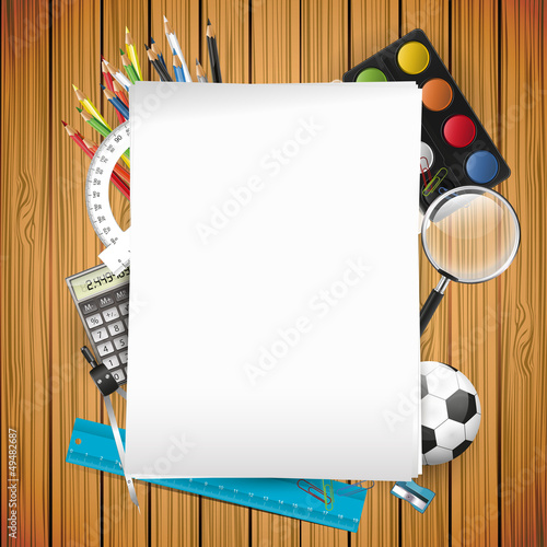 Vector: School supplies and empty paper on wooden background School supplies and empty paper on wooden background