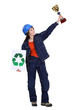 craftswoman holding a recycling label and a golden cup