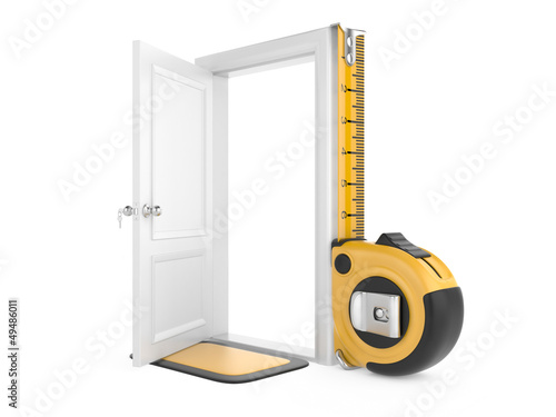 Illustration: Tape measure and open door home. Tape measure and open door home.